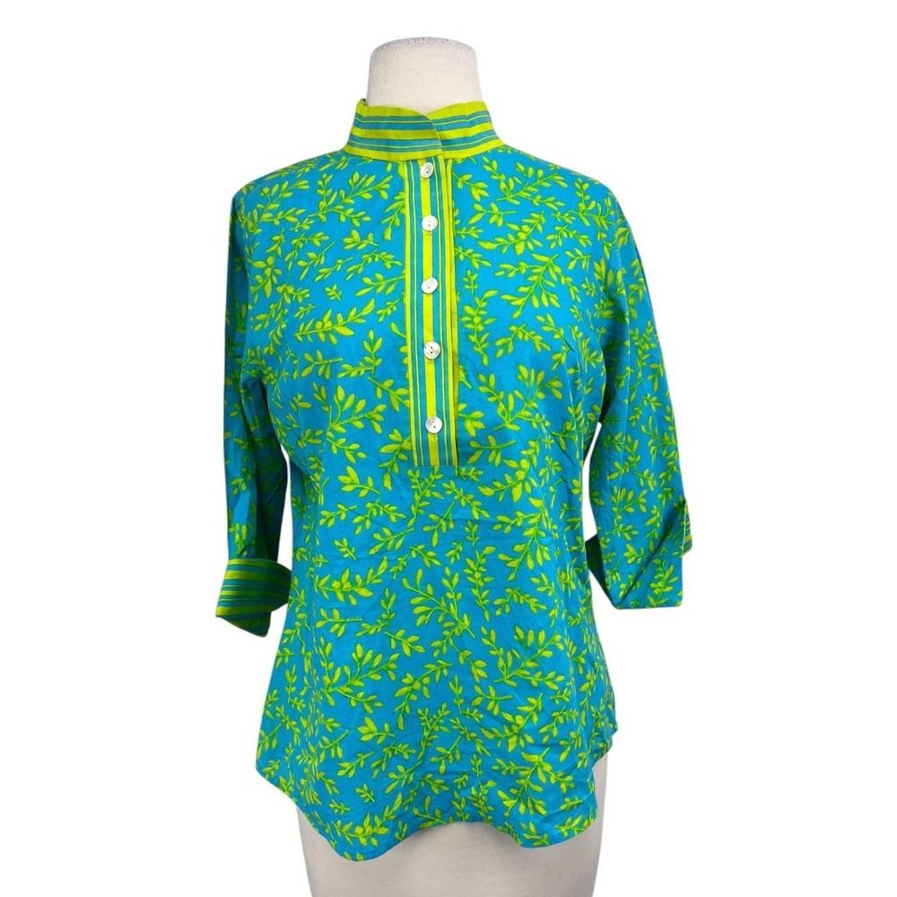 Gretchen Scott Mandarin Top Small Weed Wacker Turquoise Green‎ Leaves Shirt S
